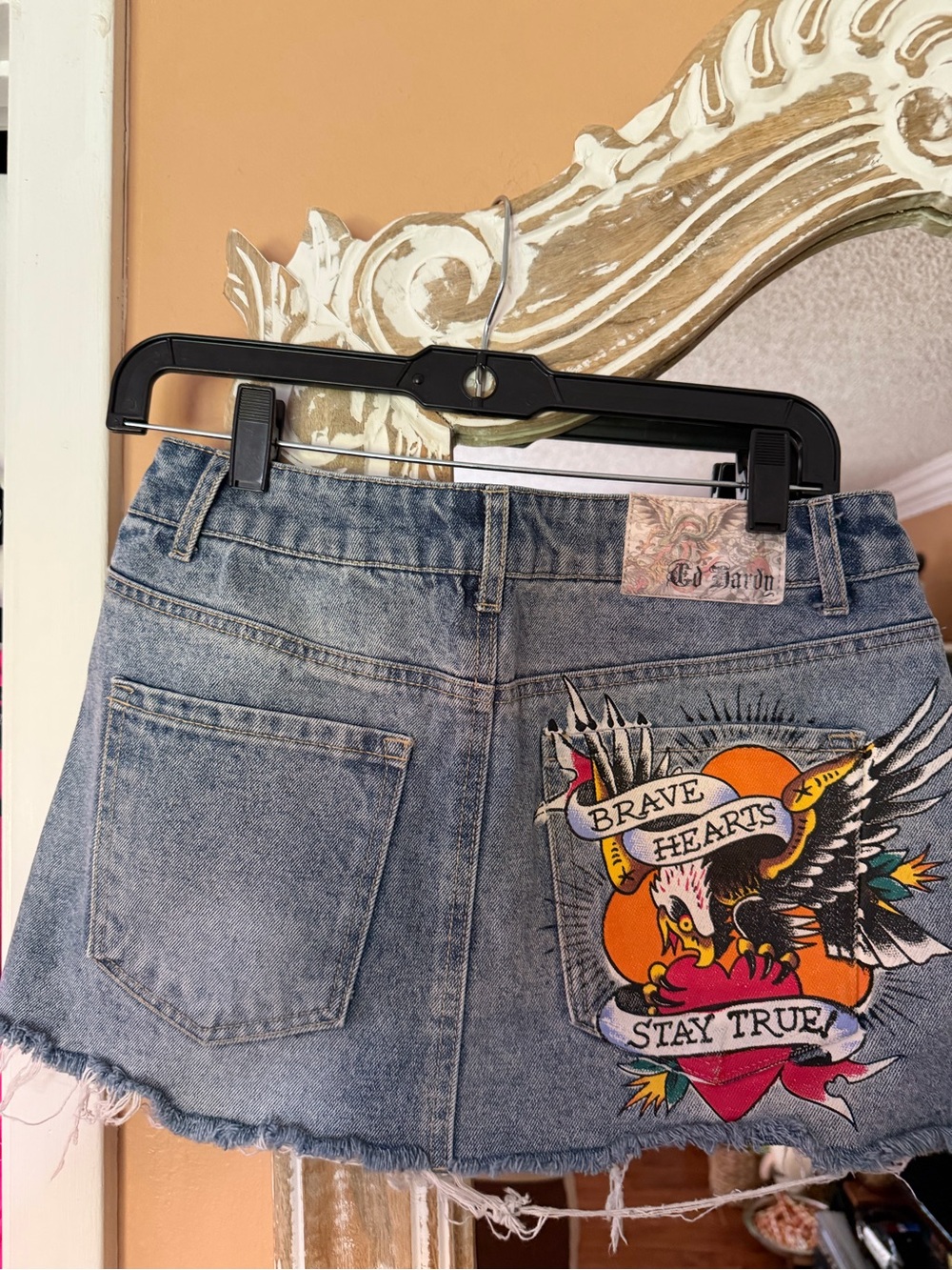 Ed Hardy Blue Denim Mini Skirt with Ed Hardy Classic Graphic Logo - Picture 2 of 3